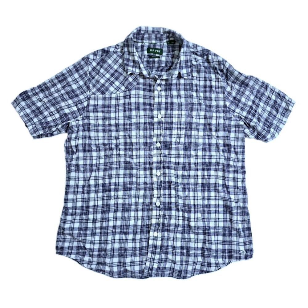 Orvis Men's Large Plaid Blue White Short Sleeve Shirt Classic Fit Button